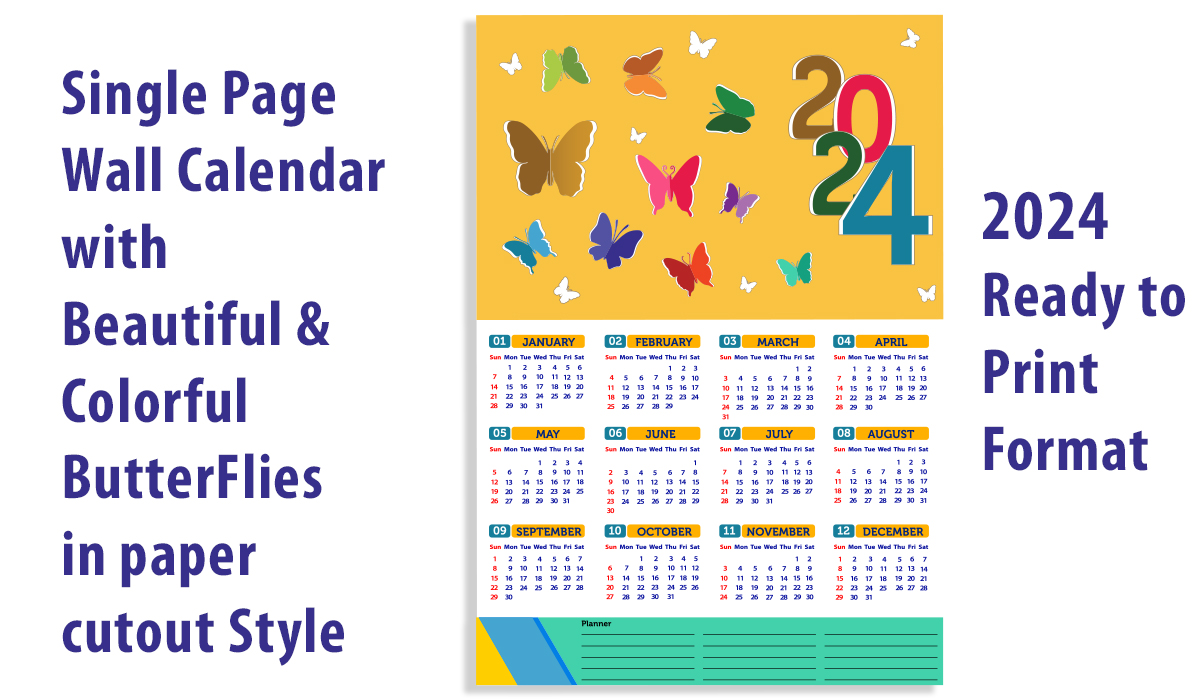 Paper cutout Butterfly theme Single Page New Year Calendar of 2024