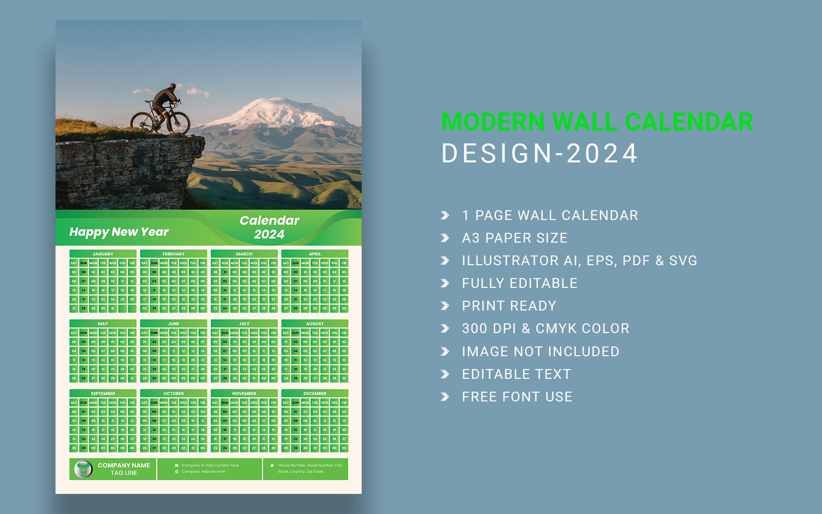 Modern One Page Green Color Wall Calendar 2024 Template Design