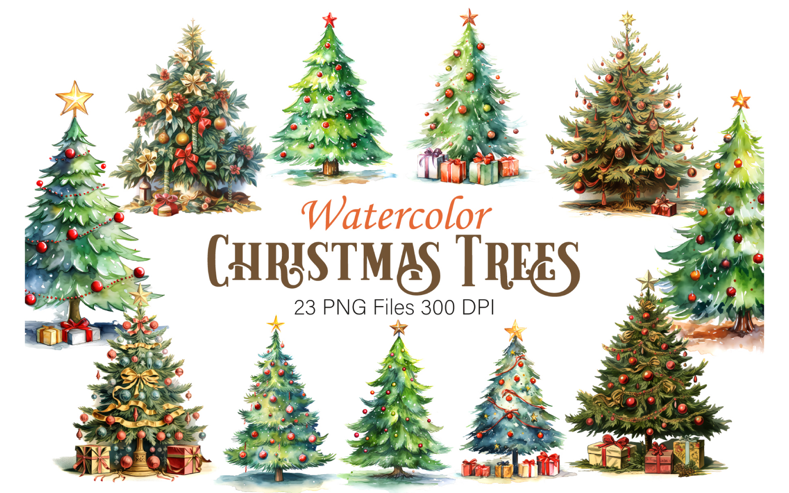 Watercolor Christmas Trees. Clipart Bundle.