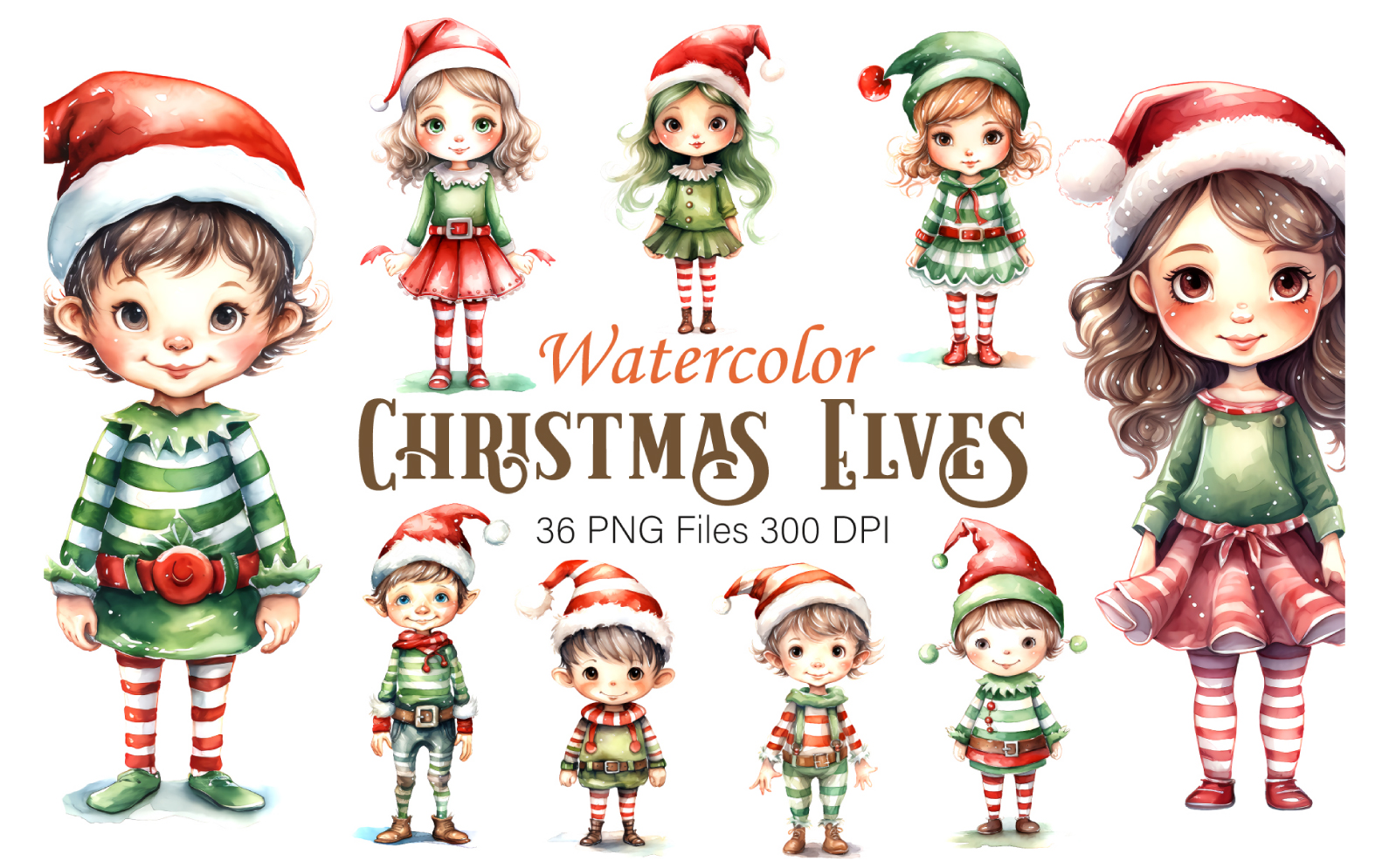 Watercolor Christmas Elves. Clipart Bundle.