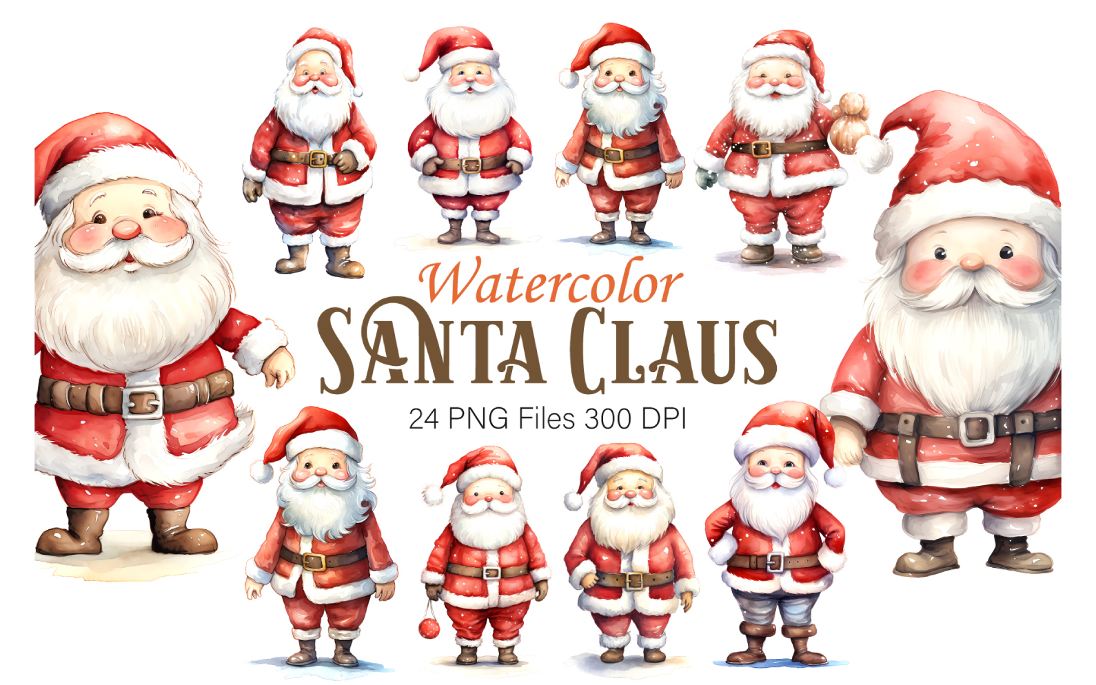 Watercolor Santa Claus. PNG Bundle.