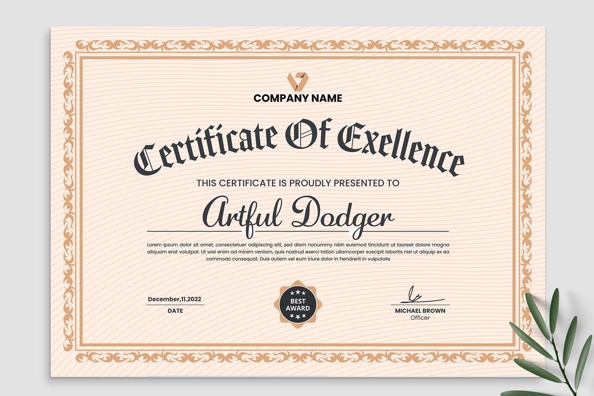 Excellence Certificate Template Layout