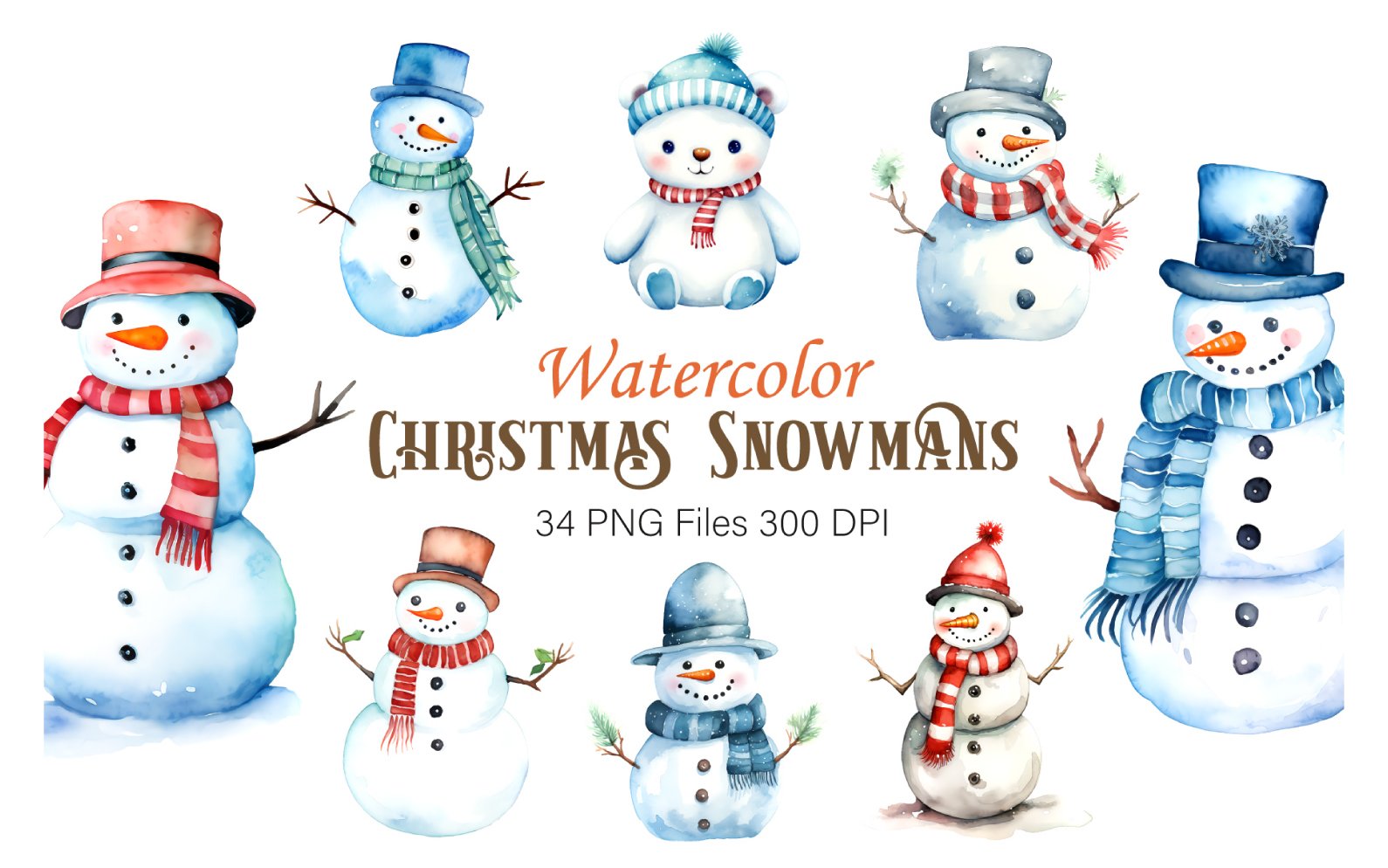 Watercolor Christmas Snowmans. PNG Bundle.