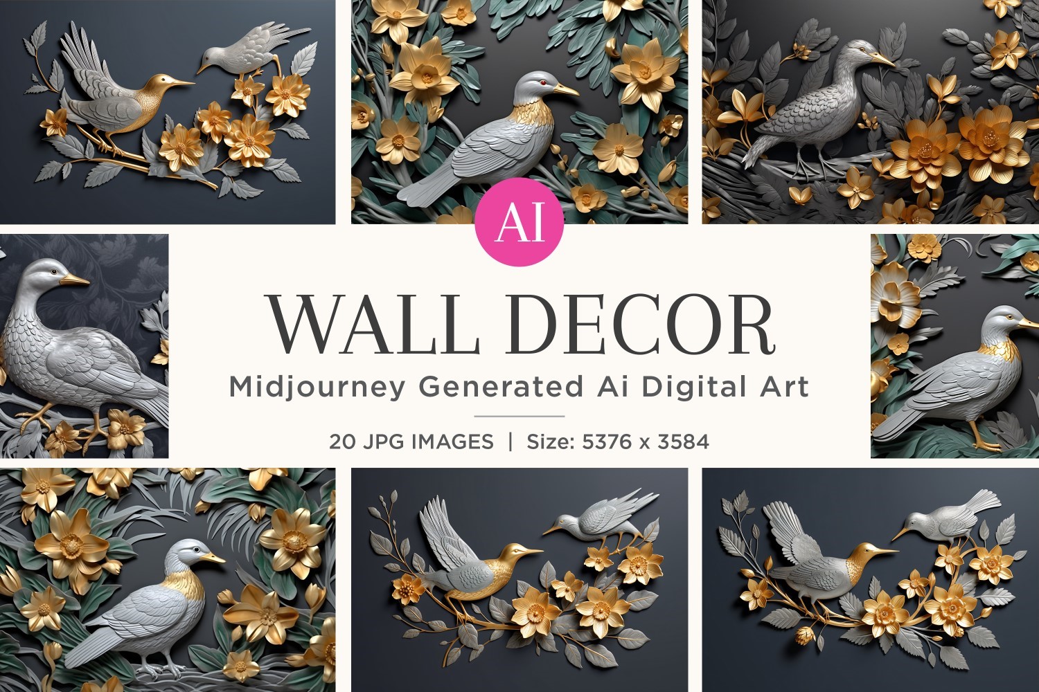 Wall Decor Ornament Swirls leaves and floral background Set 20