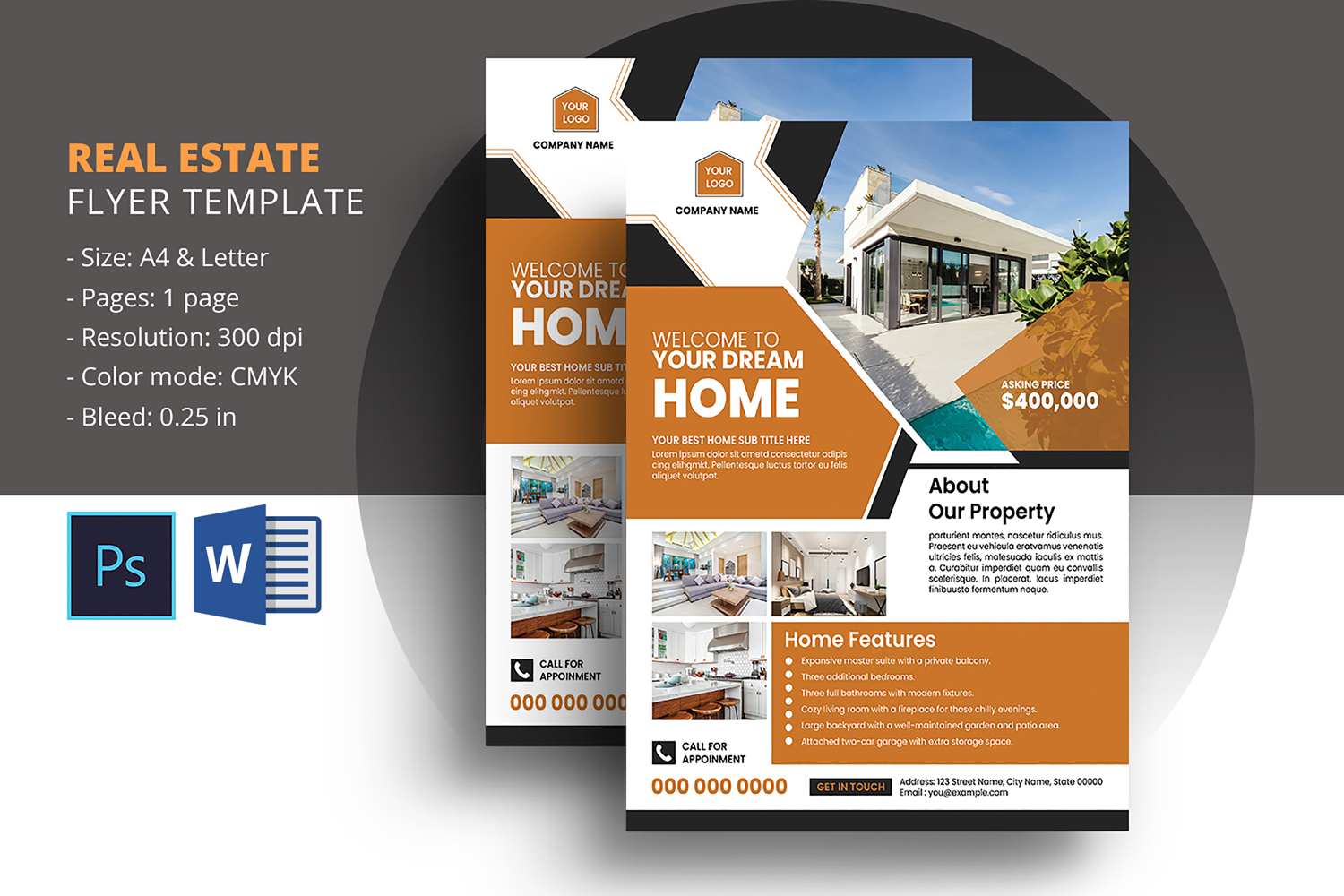 Real Estate Agency Flyer Template. Ms Word and Photoshop Template