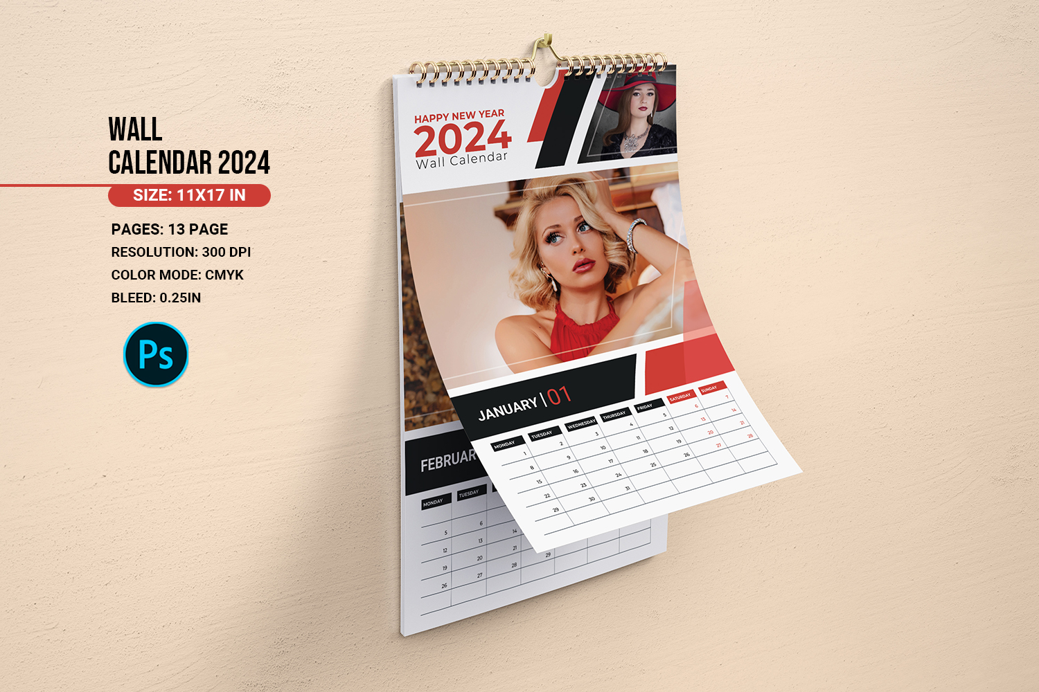 Wall Calendar 2024 Template. Adobe Photoshop Template