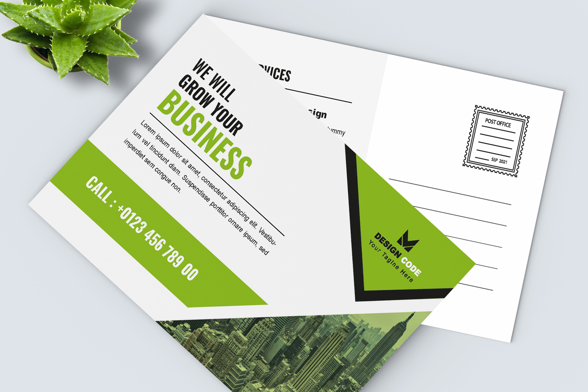 Business Postcard Layout with Green Accents