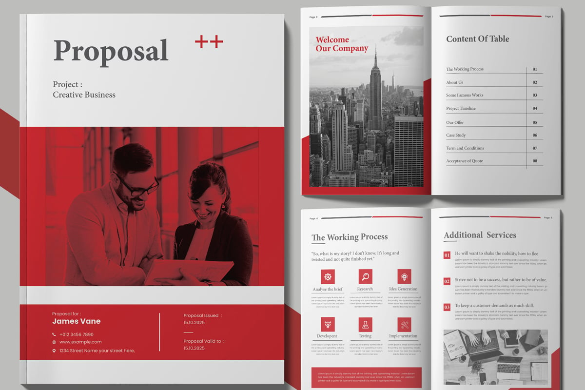 Project Proposal Layout with Red Abstract Red Elements