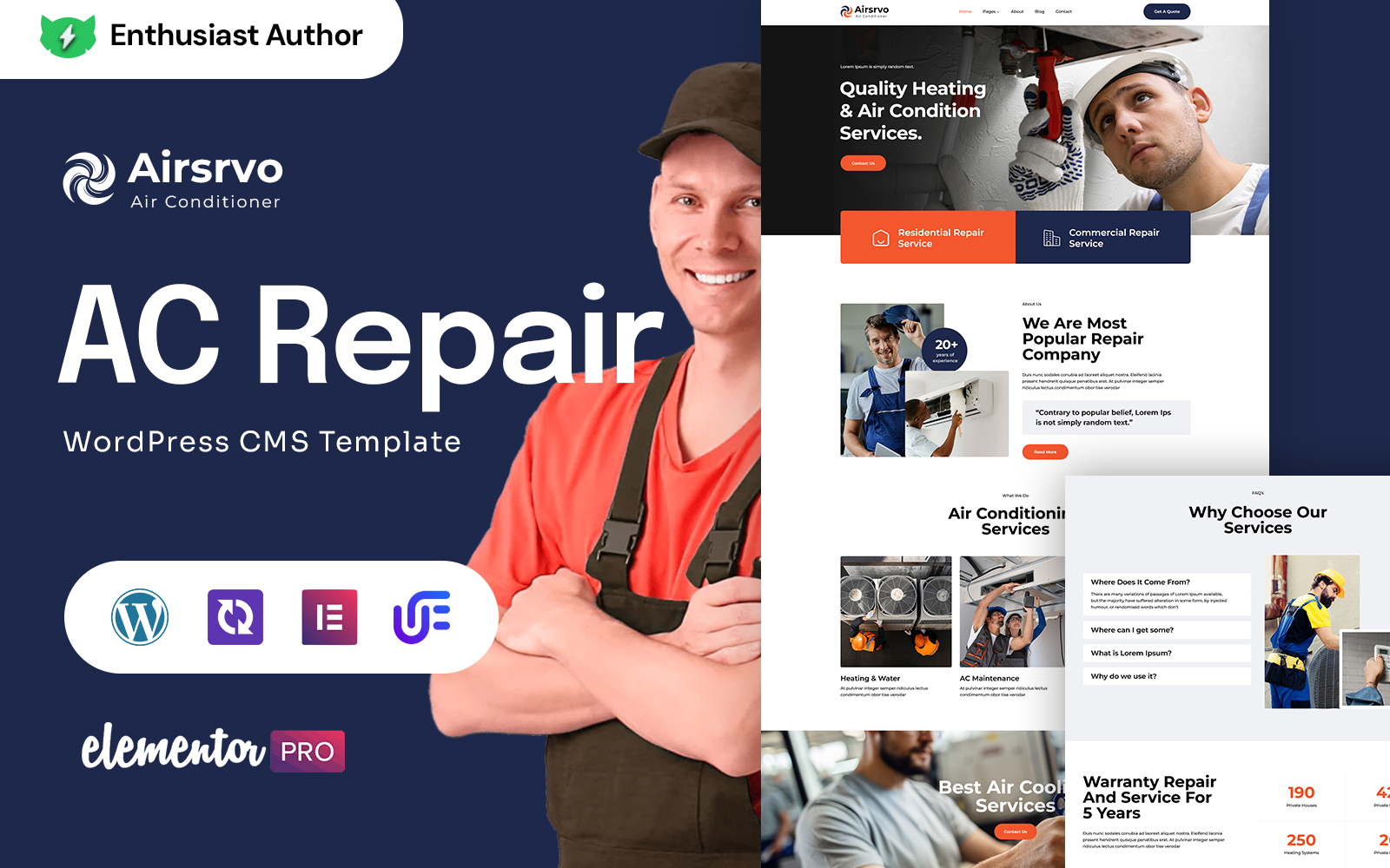 Airsrvo - Air Conditioning Repair and Heating WordPress Elementor Theme