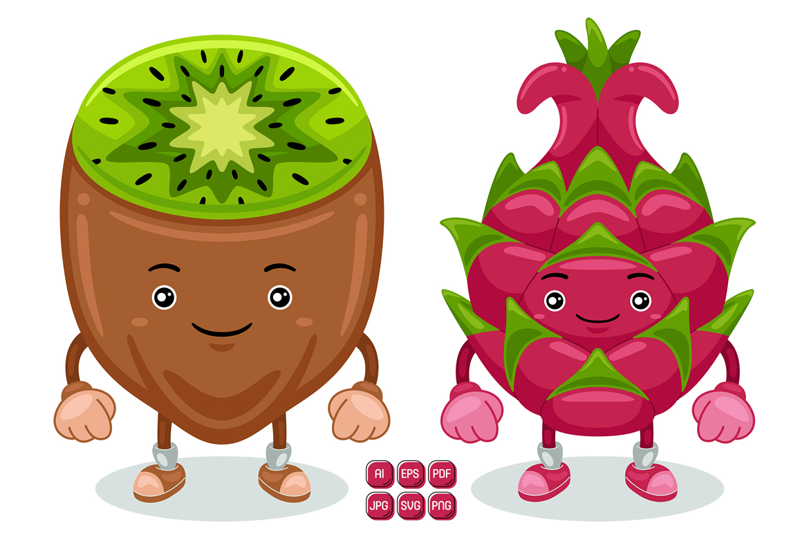 Dragon Fruit and Kiwi Mascot Character Vector