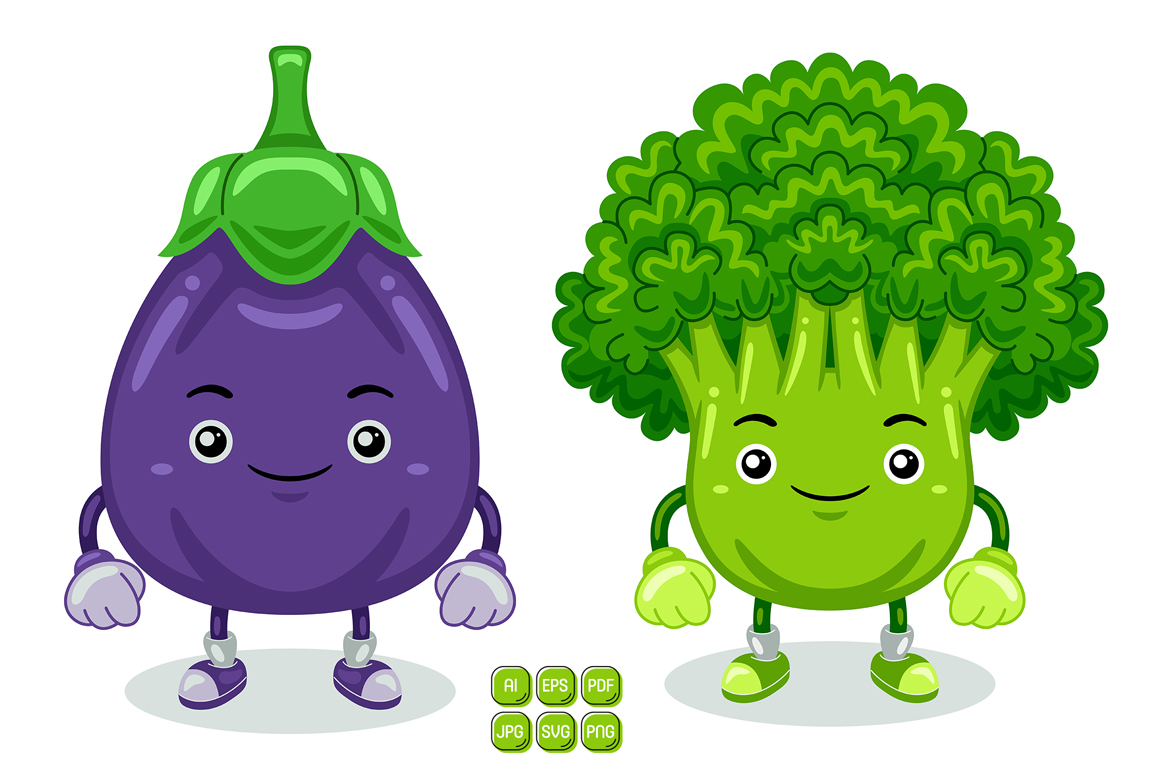 Aubergine and Broccoli Mascot Character Vector