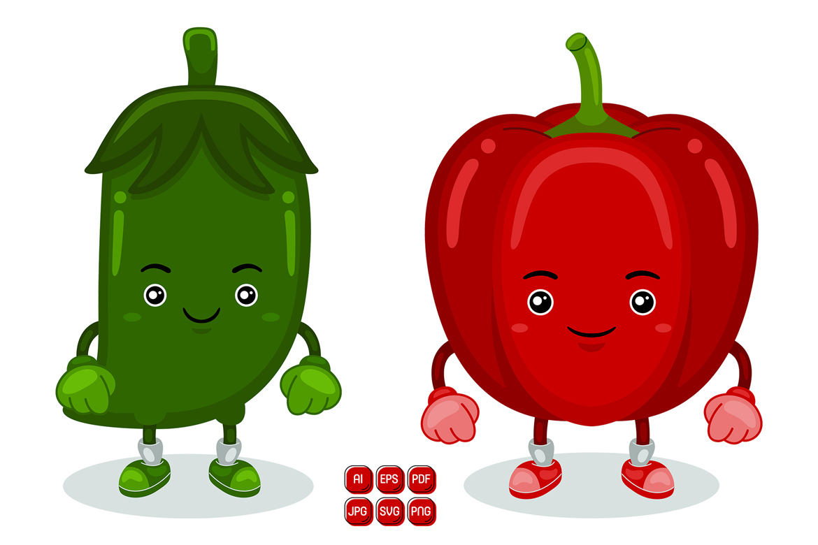 Green Chili and Red Pepper Mascot Character Vector