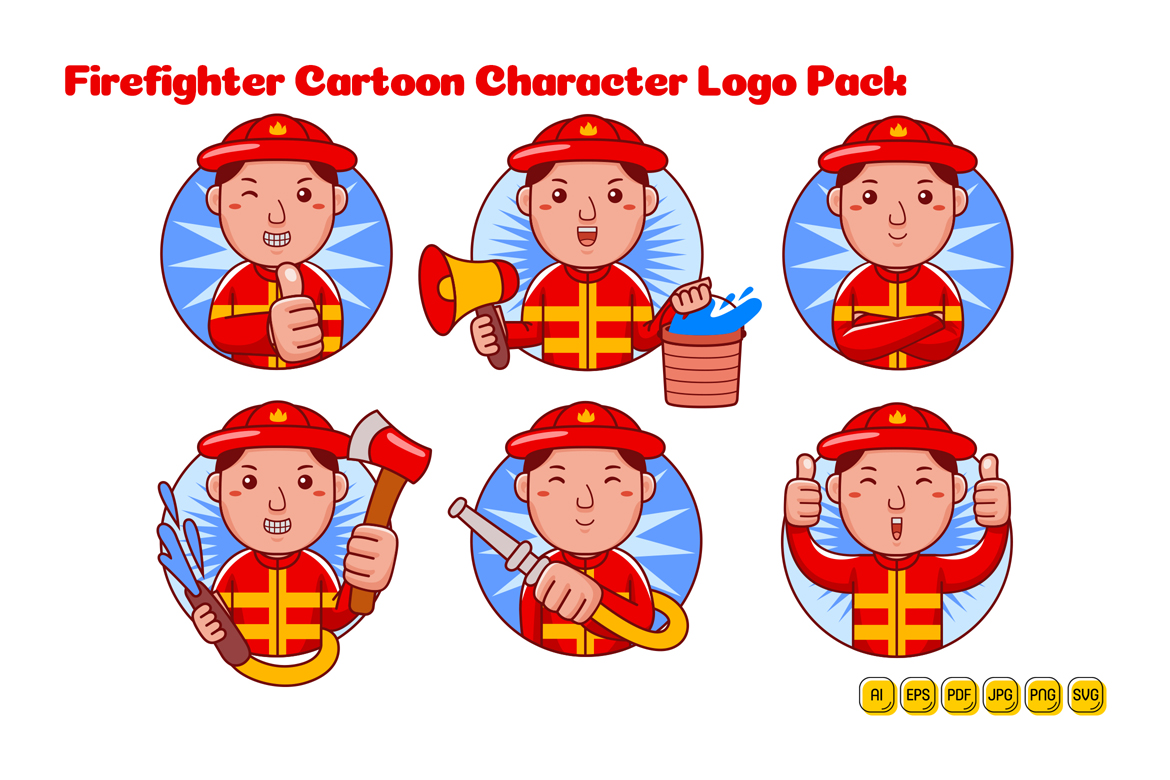 Firefighter Man Cartoon Character Logo Pack