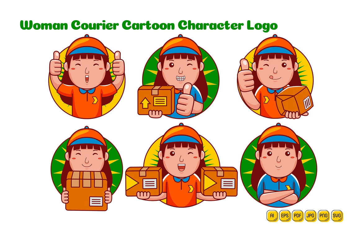 Courier Woman Cartoon Character Logo Pack