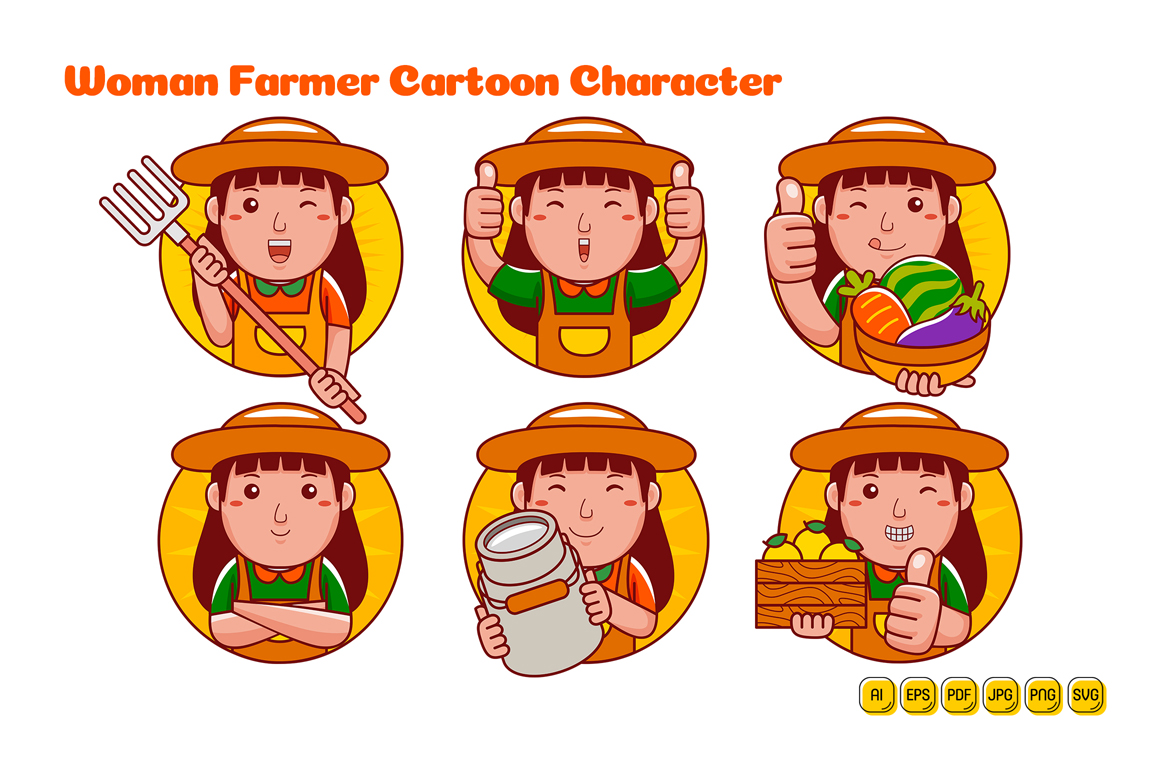 Farmer Woman Cartoon Character Logo Pack