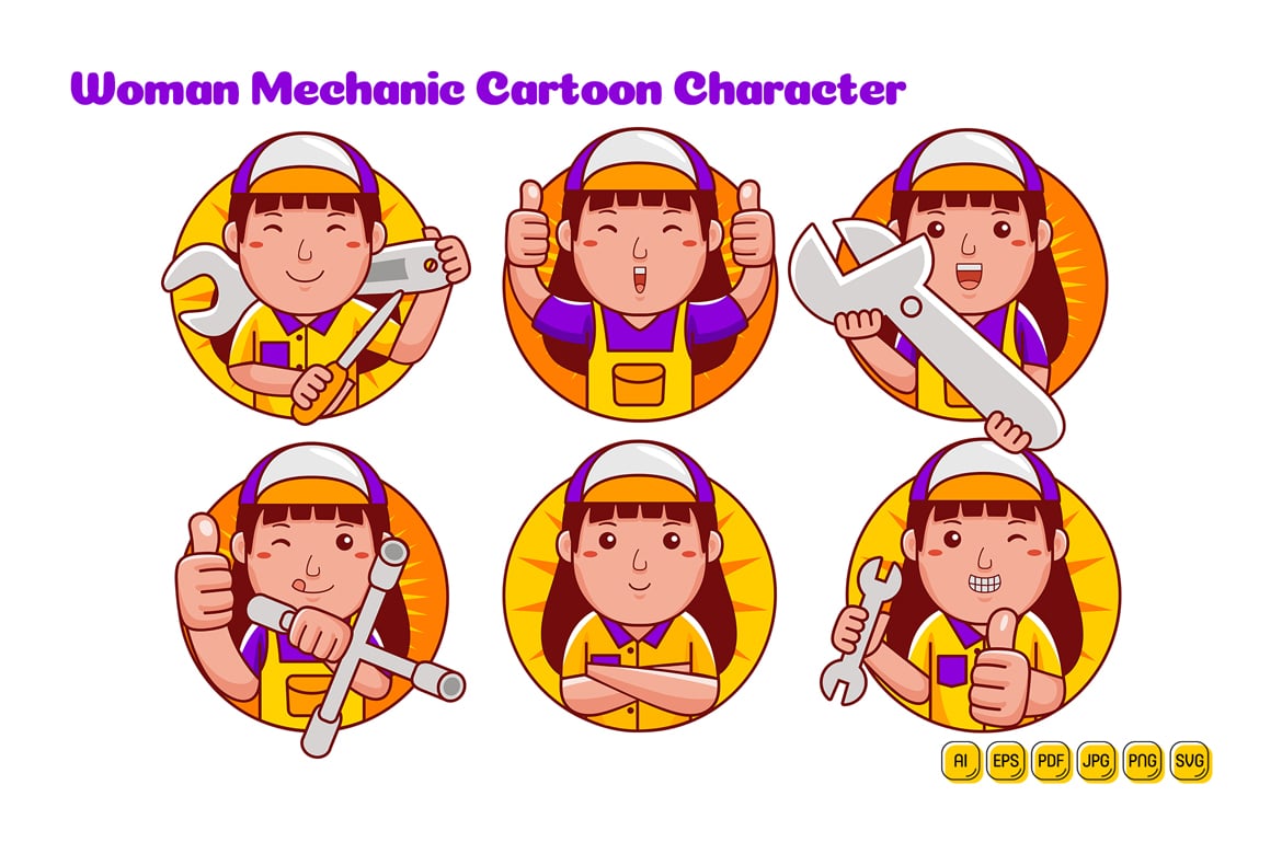 Mechanic Woman Cartoon Character Logo Pack