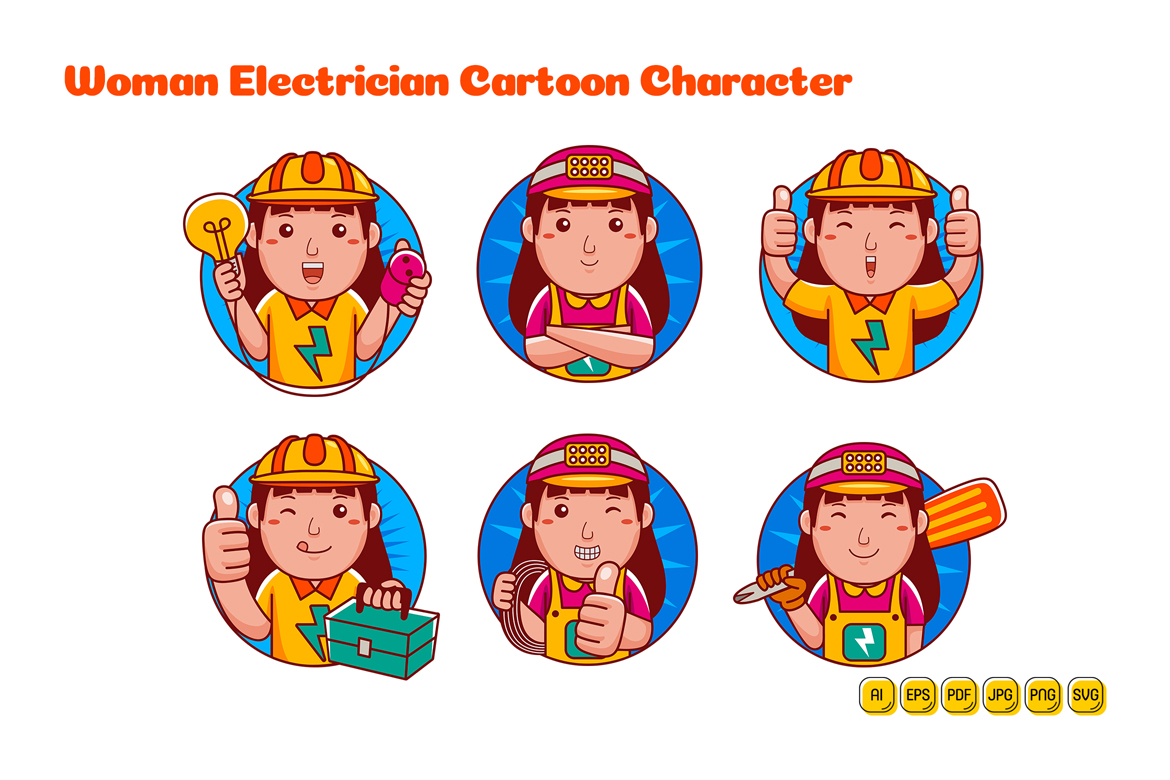 Electrician Woman Cartoon Character Logo Pack