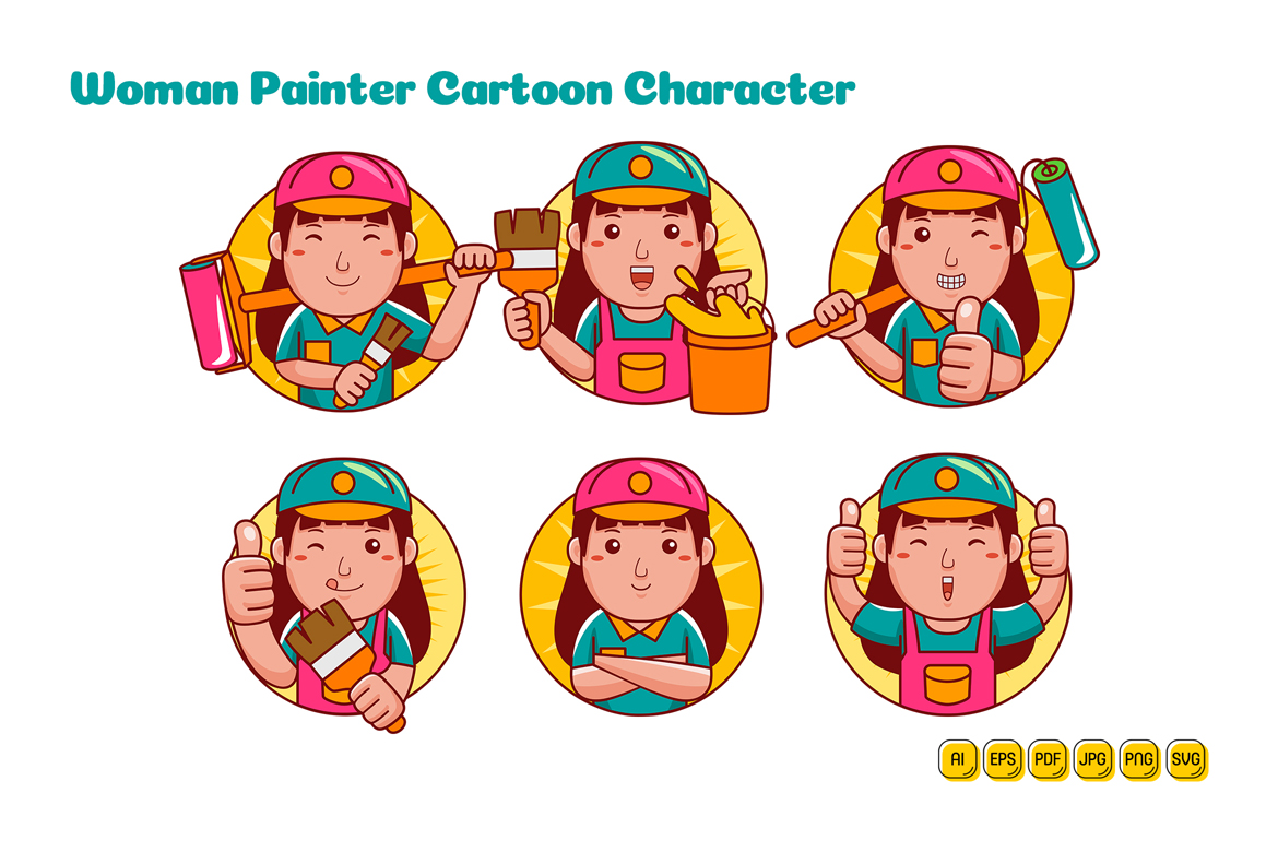 Painter Woman Cartoon Character Logo Pack