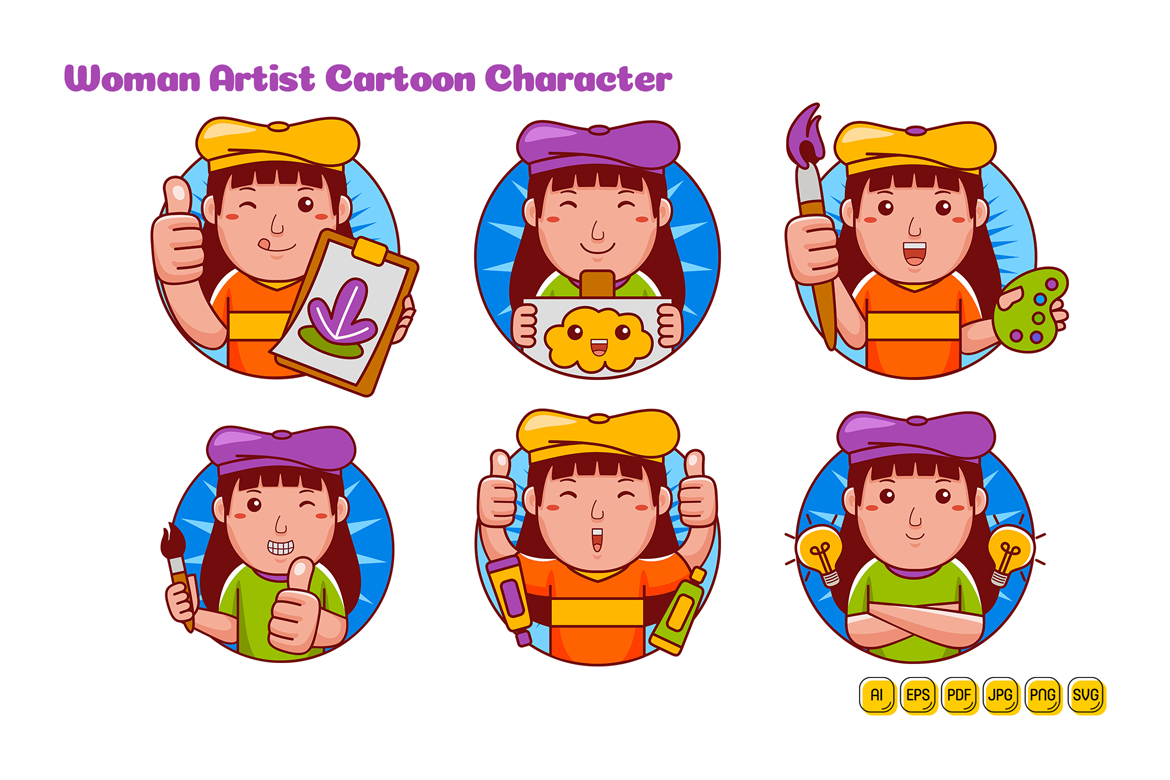 Artist Woman Cartoon Character Logo Pack