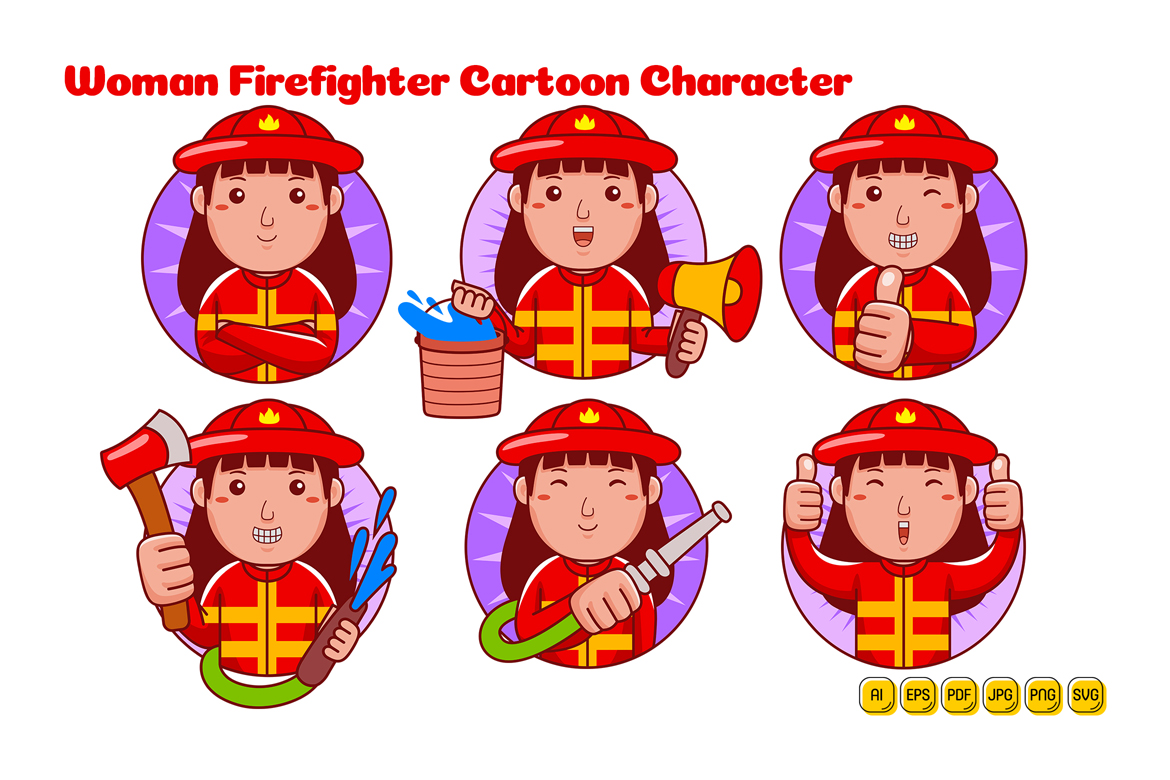 Firefighter Woman Cartoon Character Logo Pack