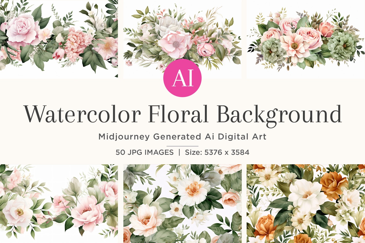 Watercolor flowers wreath Background 50 Set V-1