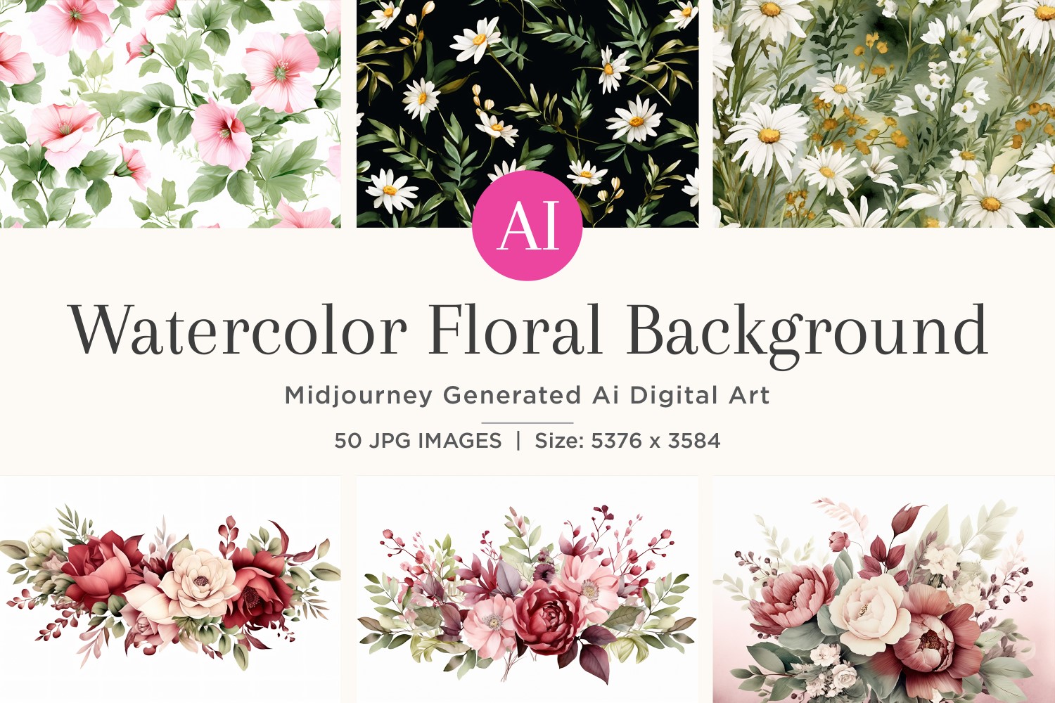 Watercolor flowers wreath Background 50 Set V-6
