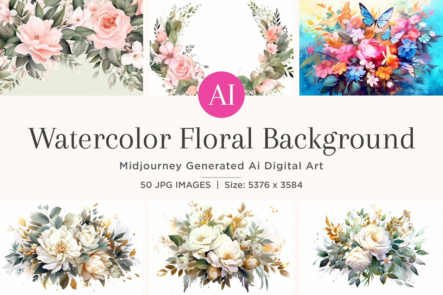 Watercolor flowers wreath Background 50 Set V-7