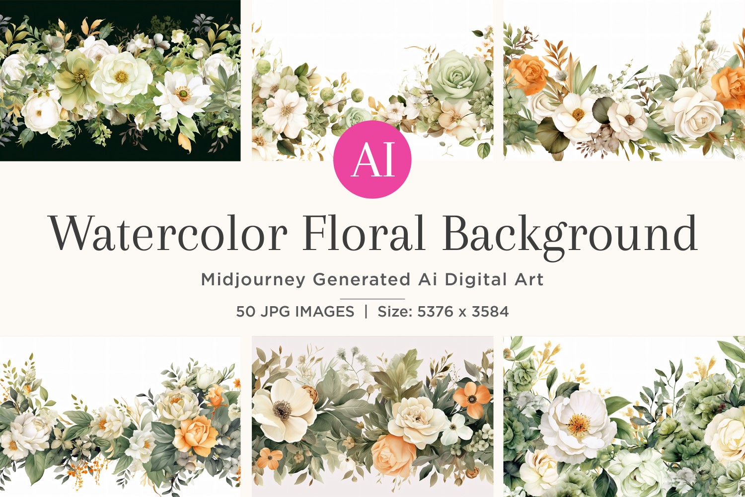 Watercolor flowers wreath Background 50 Set V-10