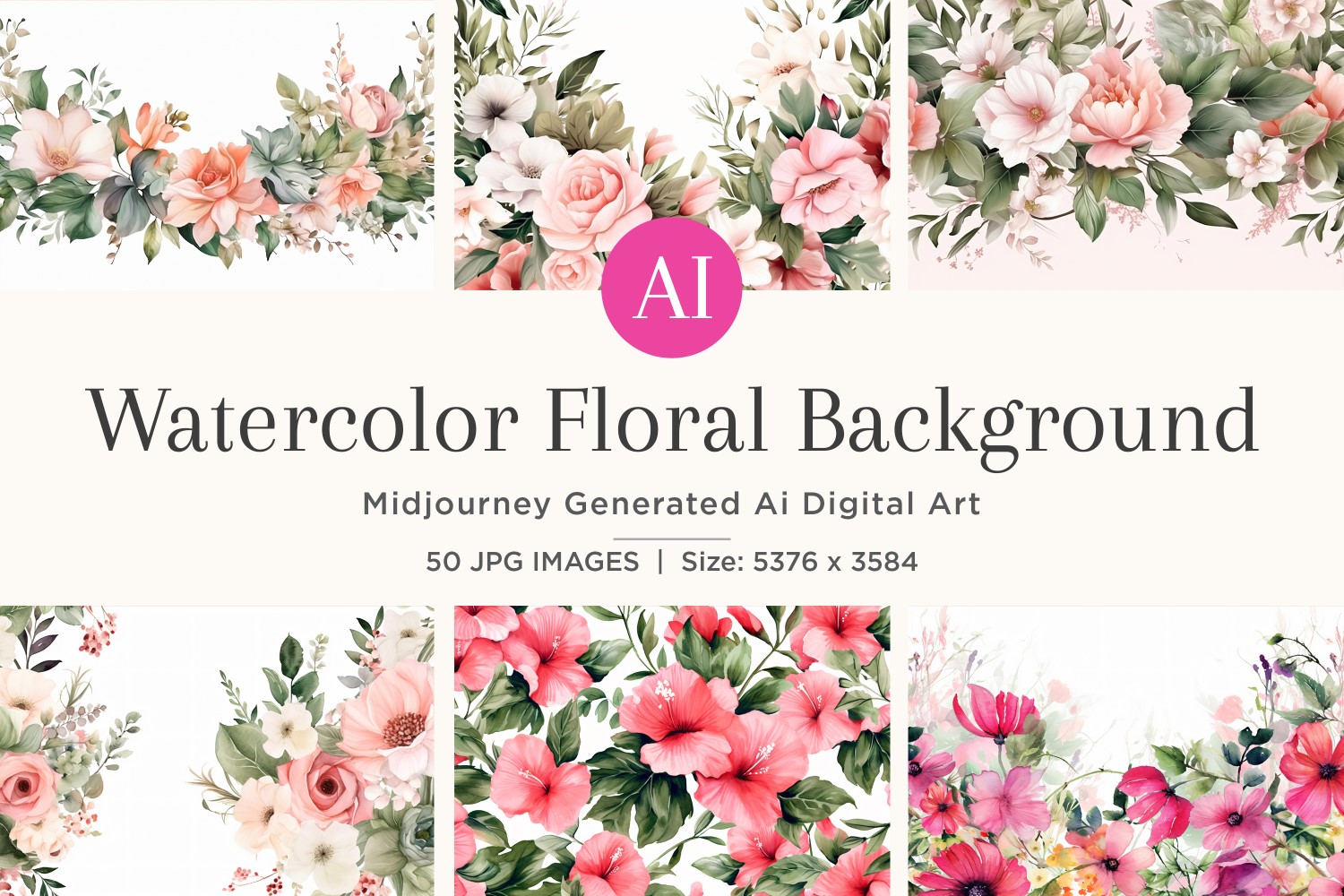 Watercolor flowers wreath Background 50 Set V-9