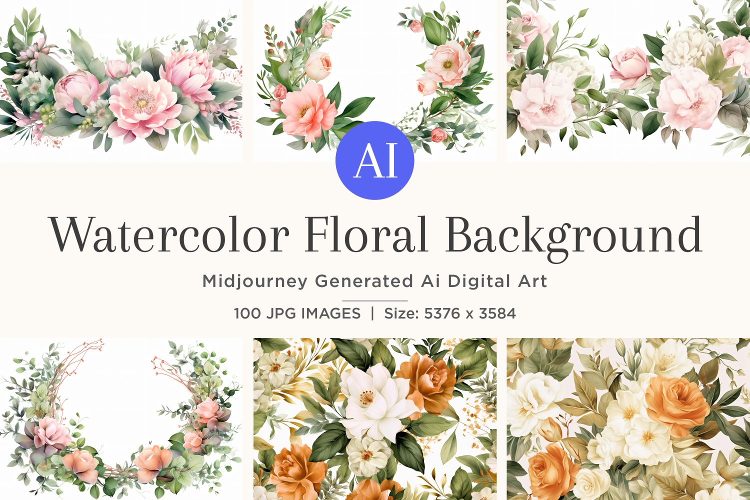 Watercolor flowers wreath Background 100 Set V-1