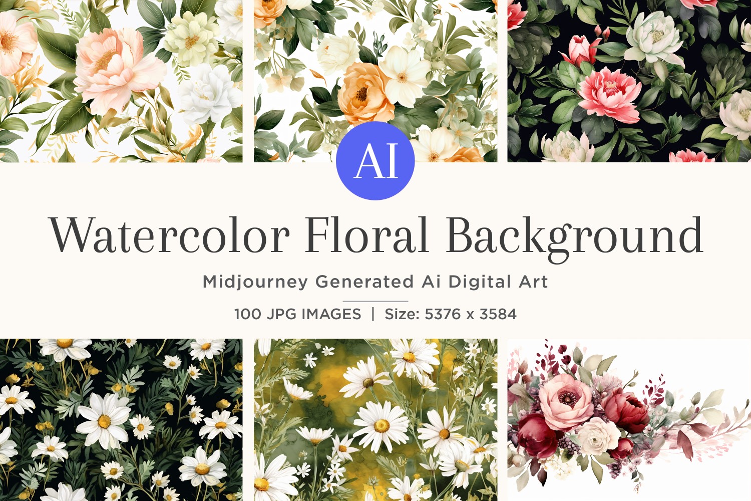 Watercolor flowers wreath Background 100 Set V-3