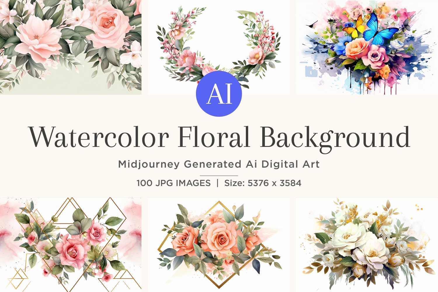 Watercolor flowers wreath Background 100 Set V-4