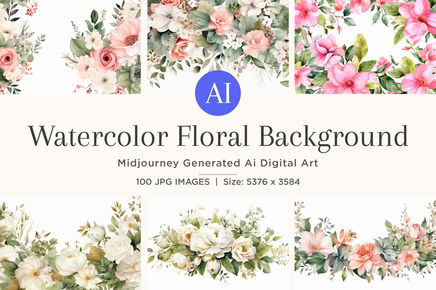 Watercolor flowers wreath Background 100 Set V-5