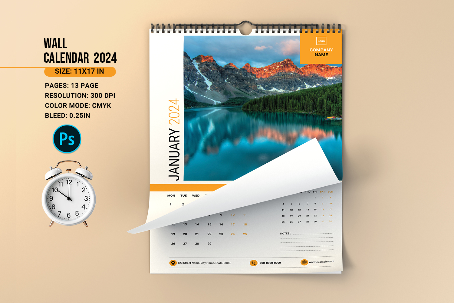 Wall Calendar 2024. Adobe Photoshop Template