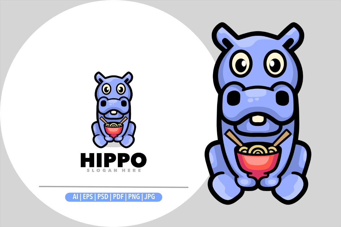 Cute hippo mascot ramen logo design template