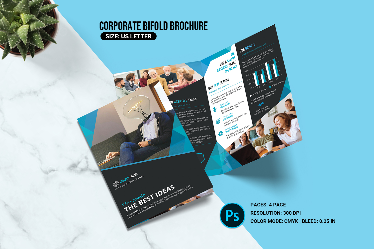 Bifold Business Brochure. Prntable Photoshop Template