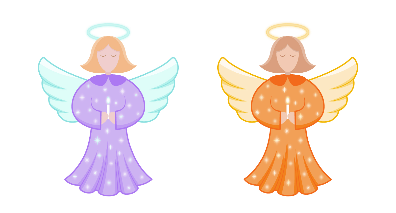 Vector Christmas angels in purple and orange colors, with glow stars and a candle