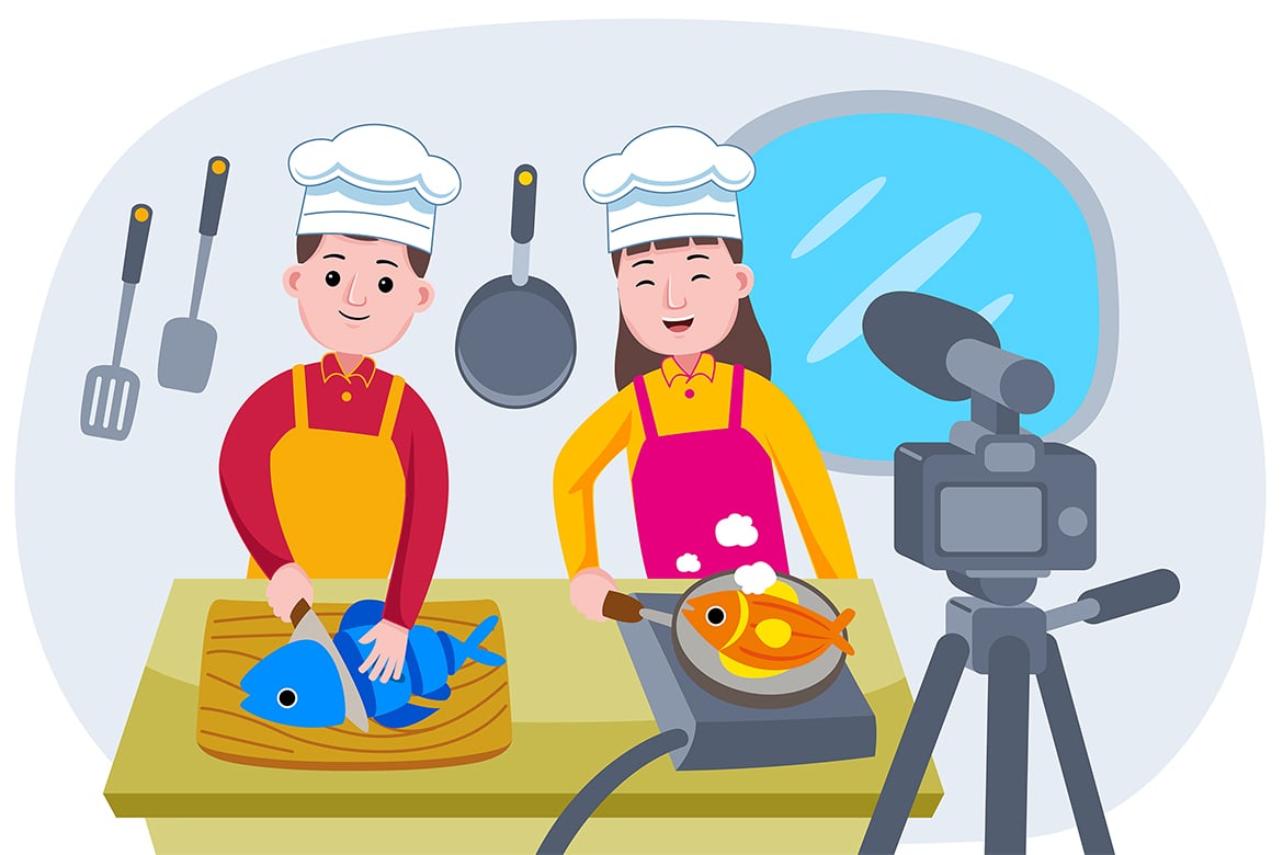 Broadcasting live event with Chefs Cooking Vector Illustration