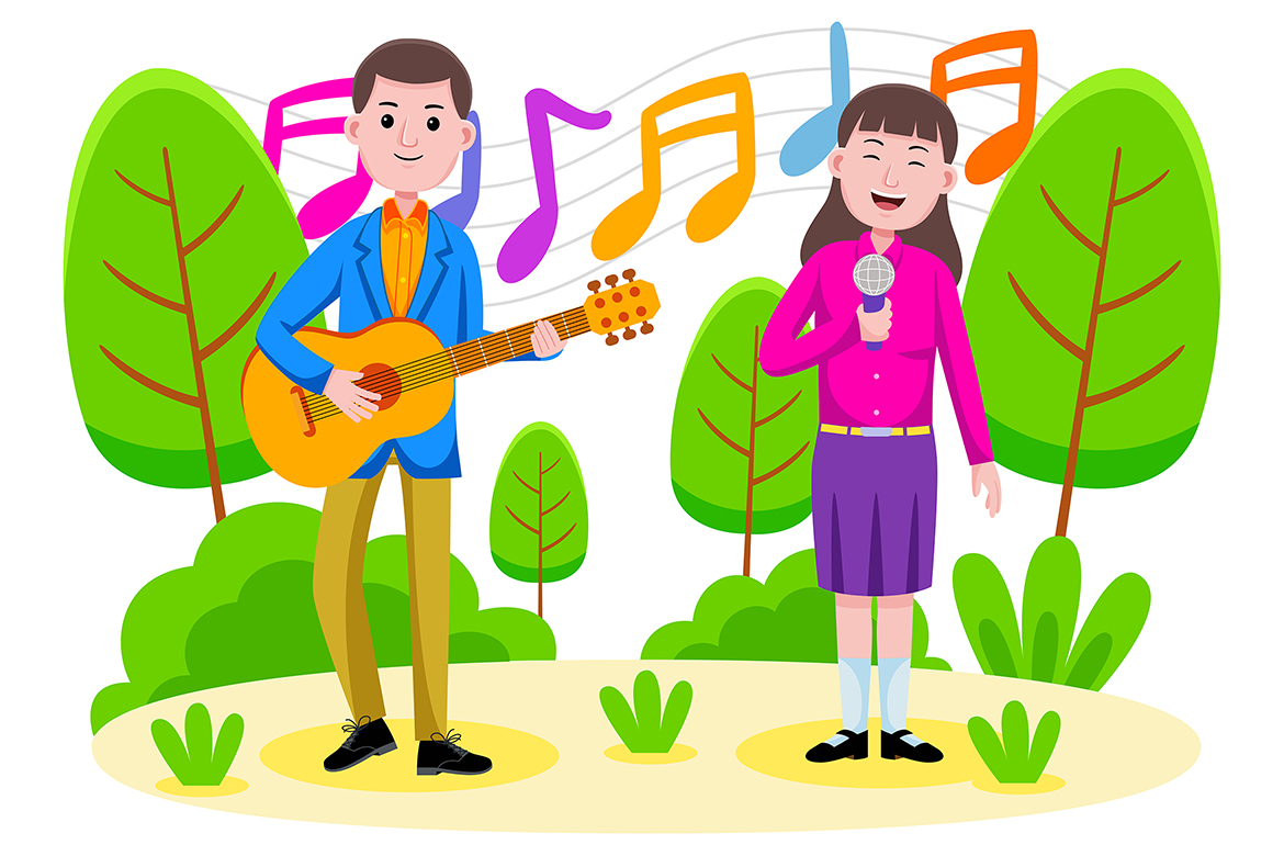 Couple singing and playing the guitar at the park  Vector Illustration
