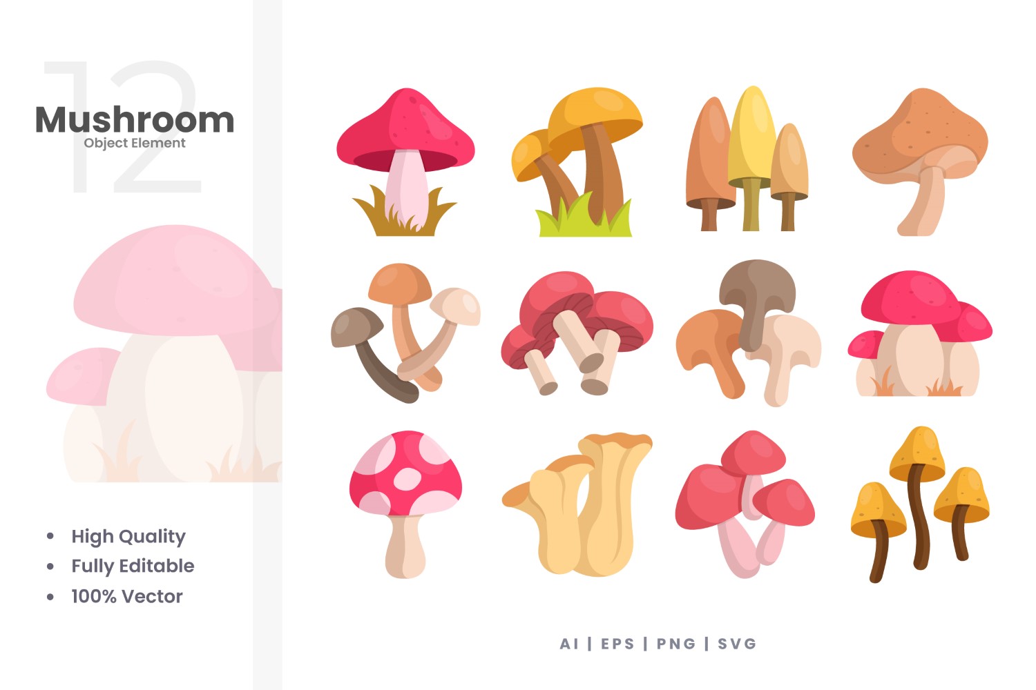 12 Mushroom Vector Element Set