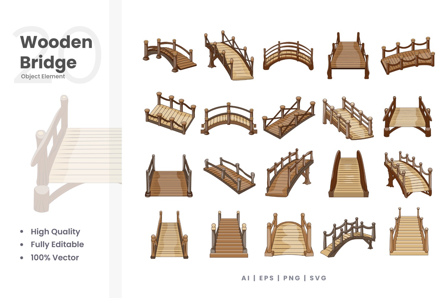 20 Wooden Bridge Vector Element Set