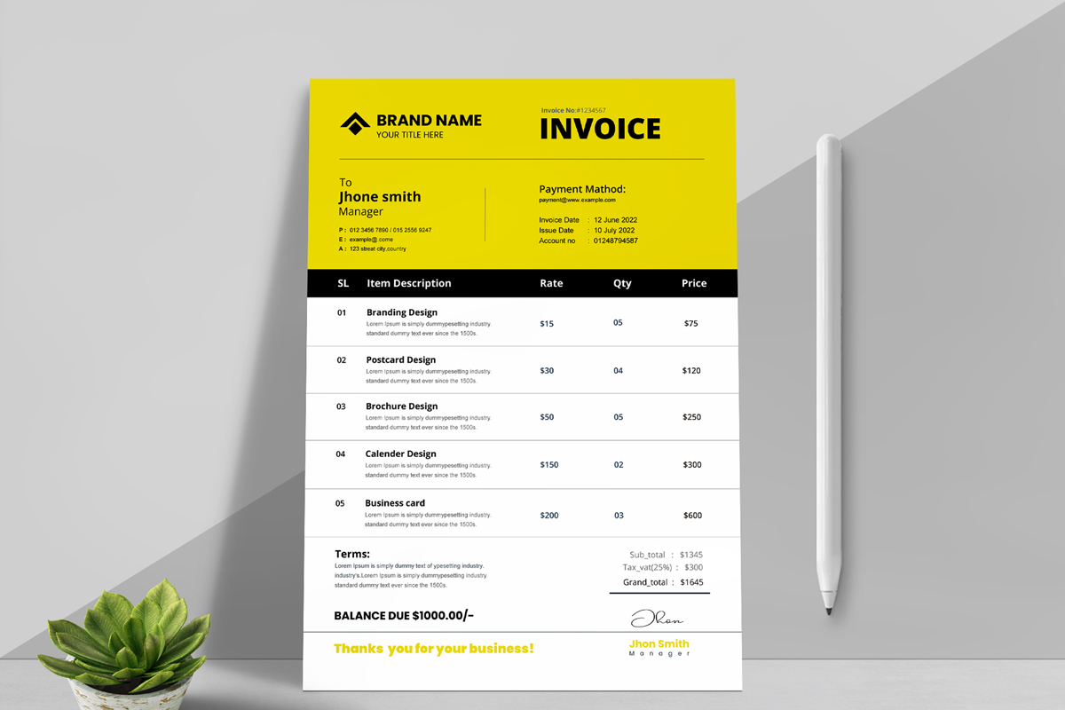 White And Yellow Invoice Template