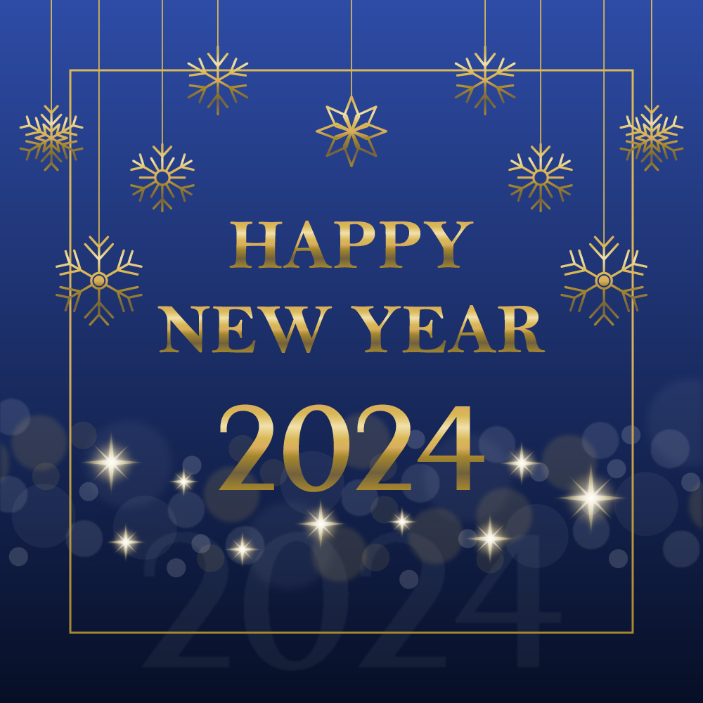 New Year 2024 blue gradient banner with snowflakes and bokeh light