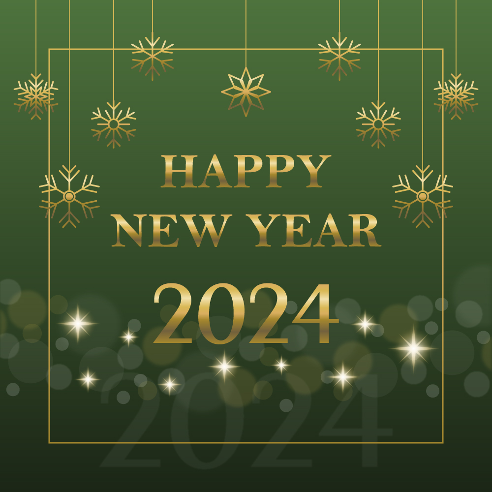 New Year 2024 green gradient banner with snowflakes and bokeh light