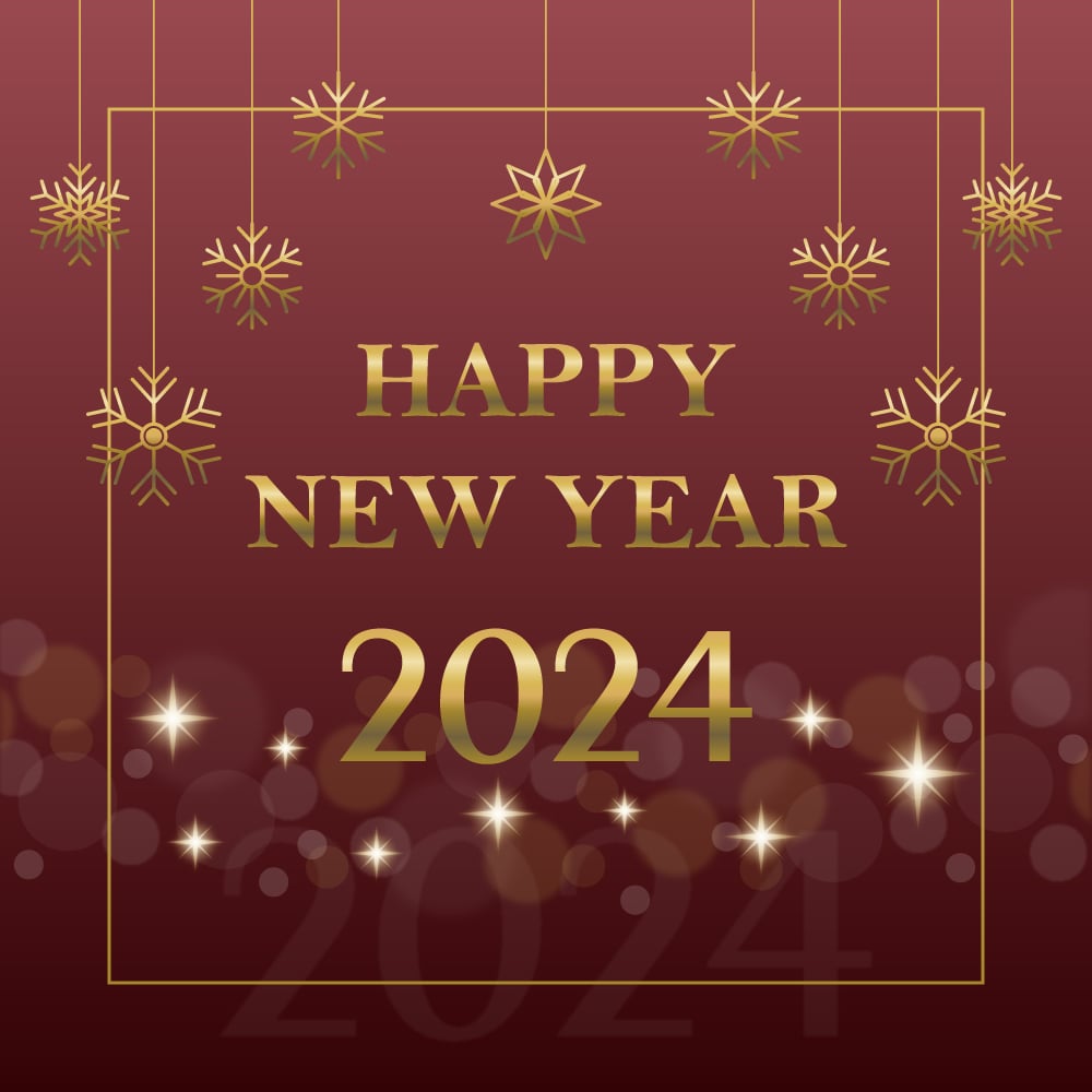 New Year 2024 red gradient banner with snowflakes and bokeh light