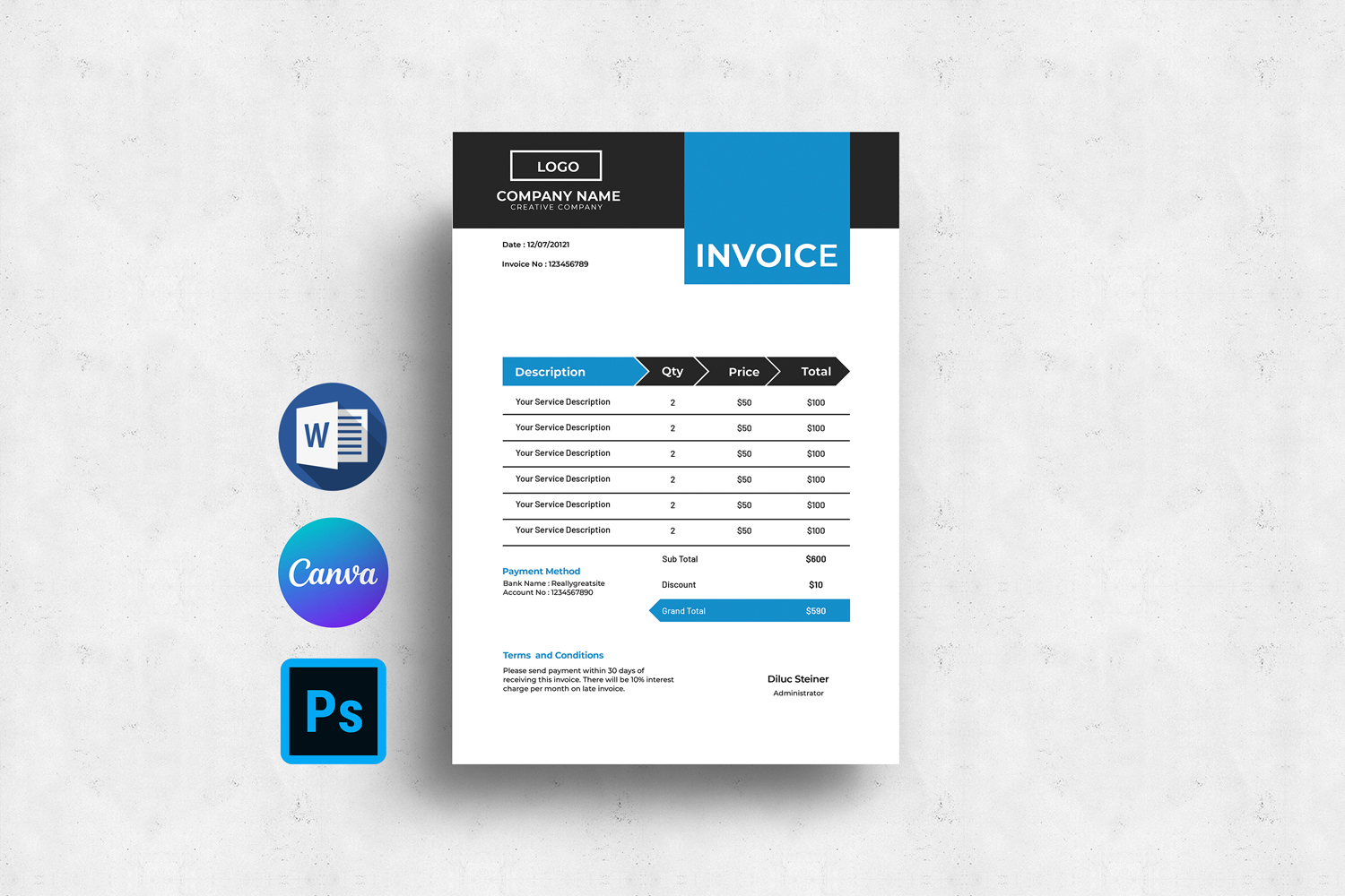 Multipurpose Invoice Photoshop, Canva and Word Template