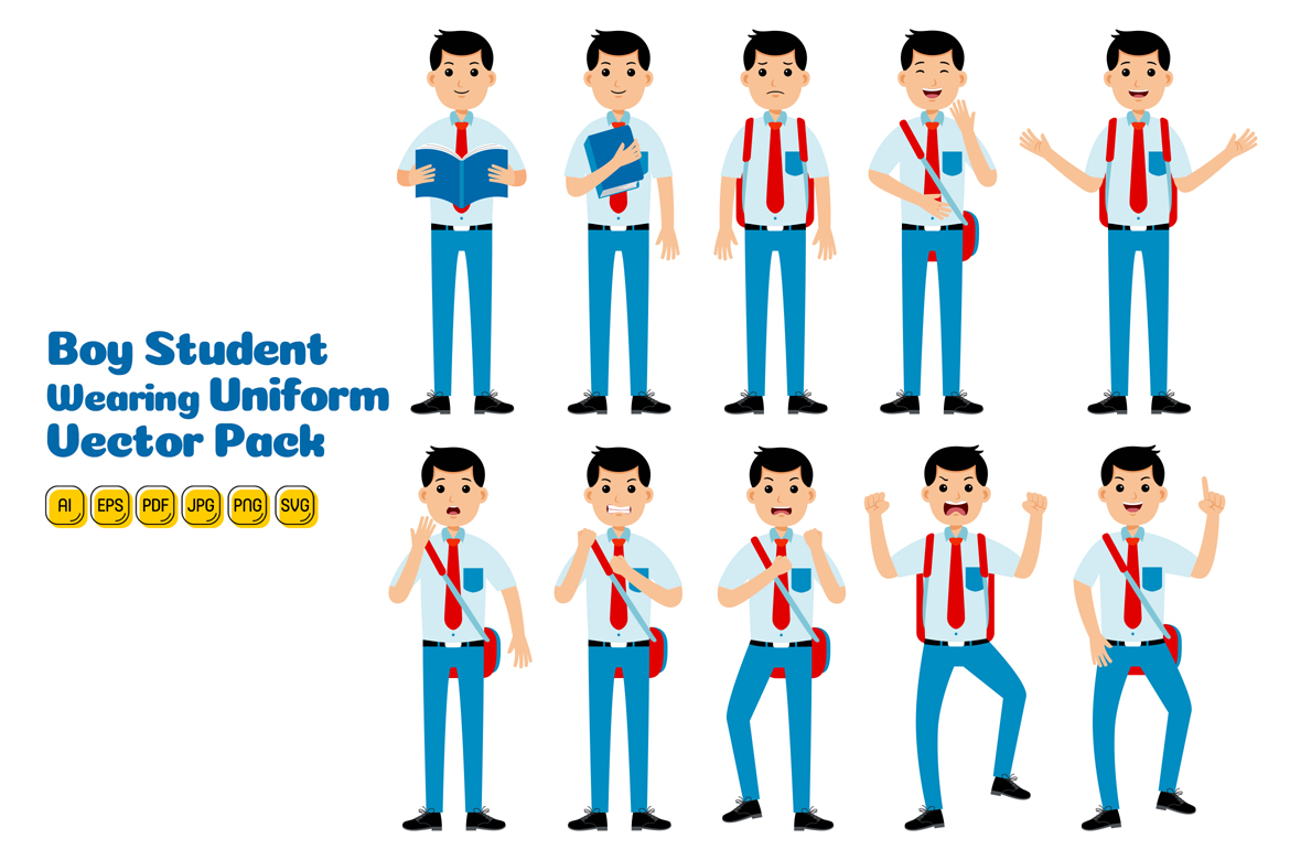 Boy Student Wearing Uniform Vector Pack #01