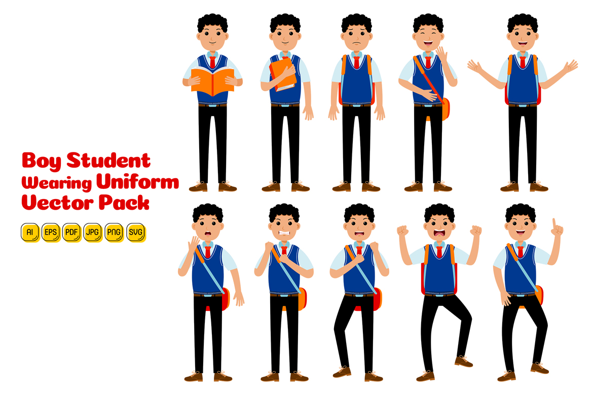 Boy Student Wearing Uniform Vector Pack #02