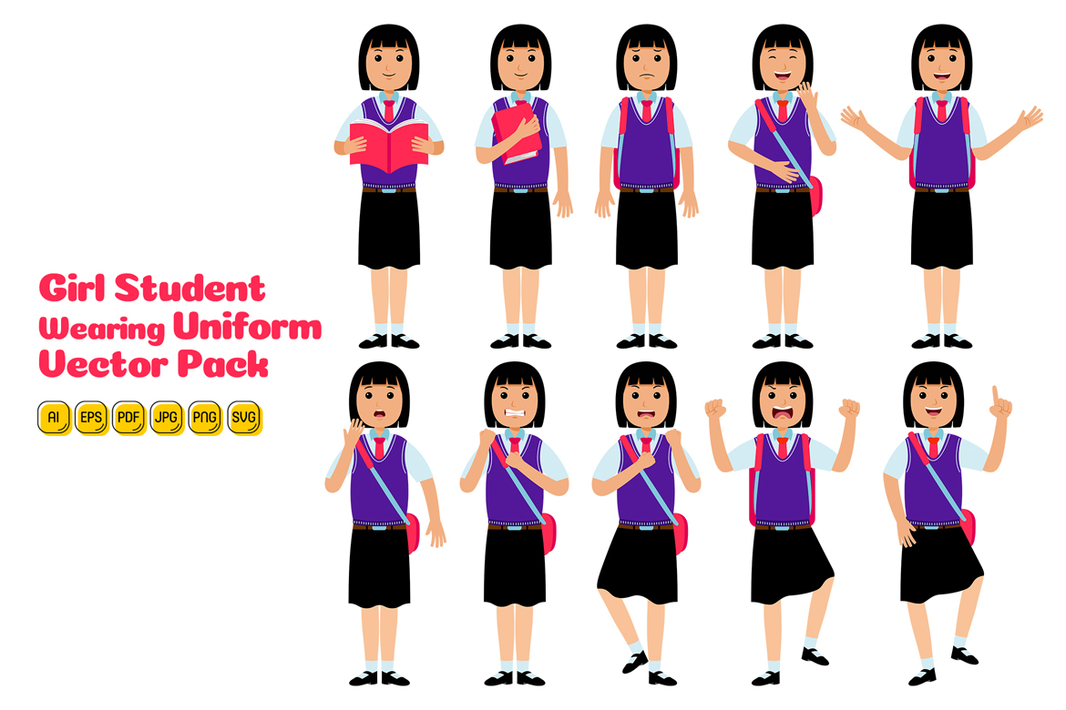 Girl Student Wearing Uniform Vector Pack #04