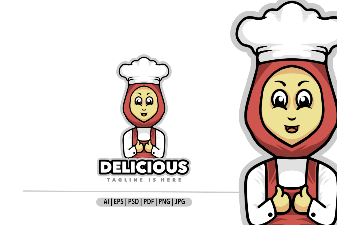 Cute chef hijab mascot logo design template